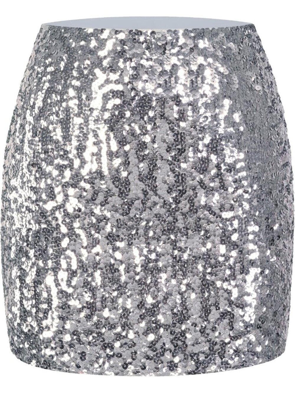 Women Sequin Sparkle High Waist Bodycon Stretchy Pull On Silver/Grey Mini Skirt